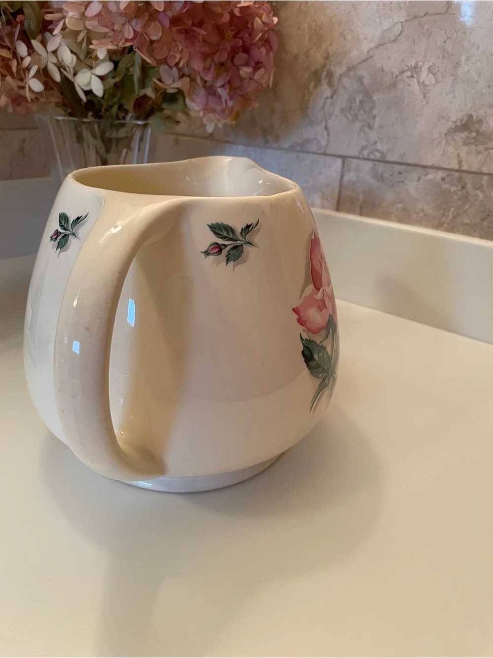 Vintage Household Institute Cream Ceramic Pitcher with Pink Rose Floral Design